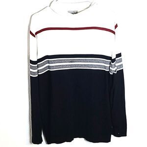 Joseph A. Turtleneck Sweater, White & Black with Gray & Maroon Stripes, Size 1X